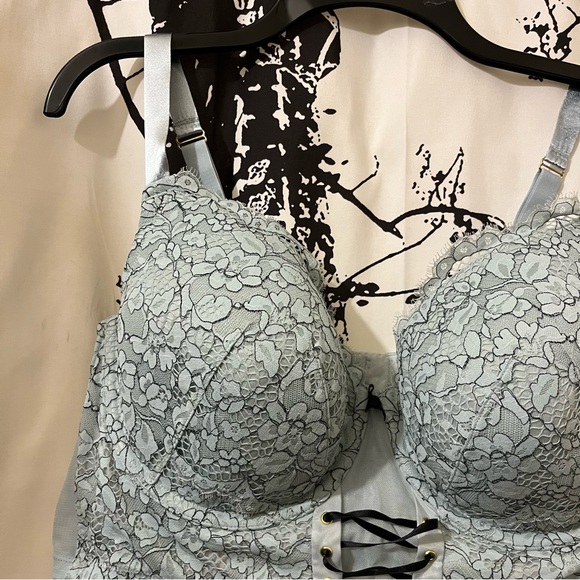 Cacique Lace Balconette Bra Underwire Lace Up Accents Blue 42DD - Picture 2 of 13